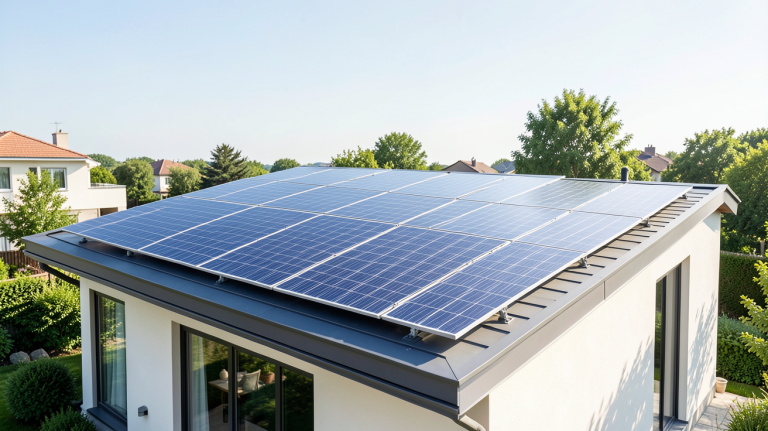 panneaux photovoltaique hybride installés sur la toiture d'une maison moderne sous un ciel dégagé