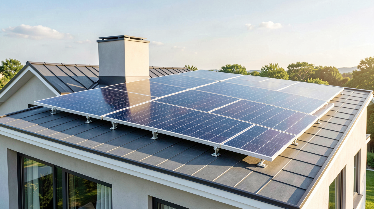panneaux photovoltaique Hyundai de la gamme VG ou HG installés sur le toit d'une maison contemporaine