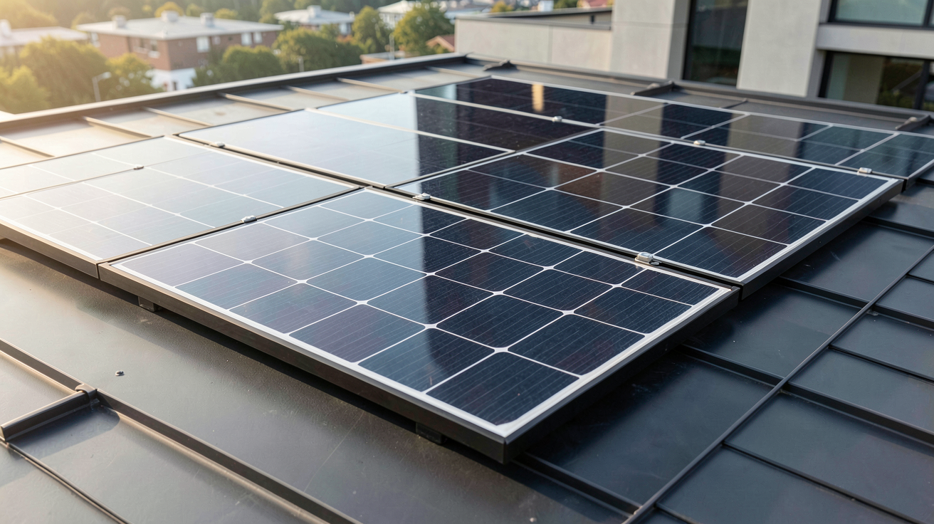 panneaux photovoltaïque Hyundai affichant des technologies embarquées comme PERC, Shingled et Full Black sur un toit moderne