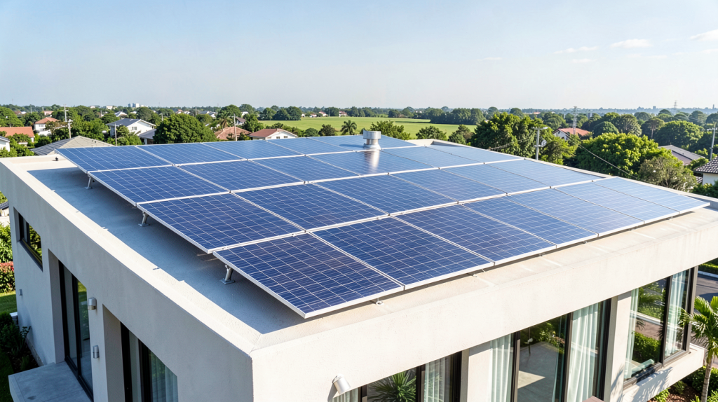 panneaux photovoltaique hyundai installés sur le toit d'une maison contemporaine, captant la lumière du soleil.