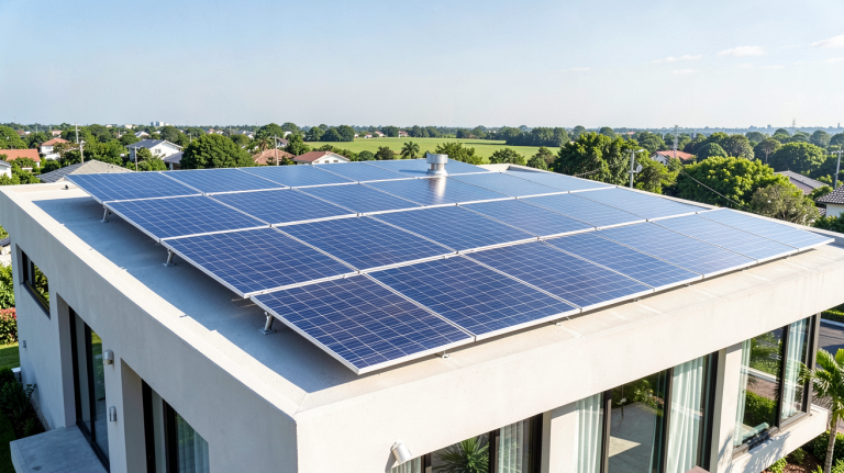 panneaux photovoltaique hyundai installés sur le toit d'une maison contemporaine, captant la lumière du soleil.