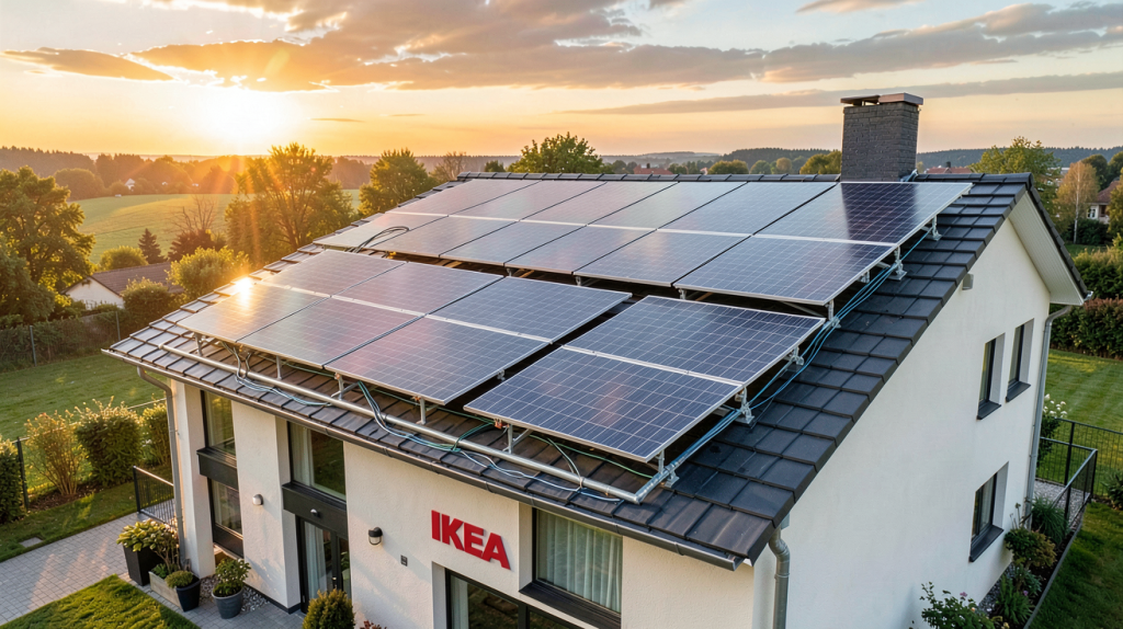 panneaux photovoltaique IKEA installés sur le toit d'une maison moderne avec une lumière naturelle dorée