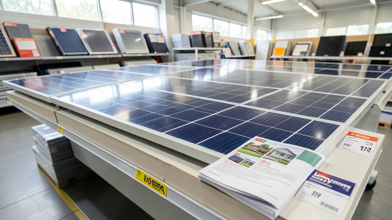panneaux photovoltaïques exposés en magasin Leroy Merlin avec étiquettes de prix
