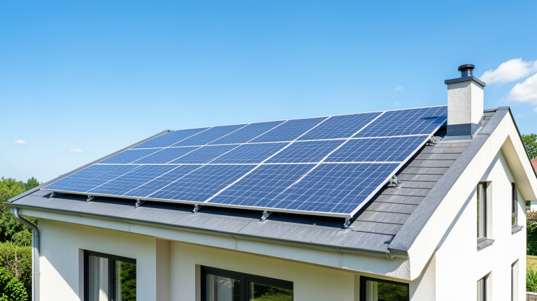 panneaux photovoltaique leroy merlin installés sur le toit d'une maison résidentielle sous le soleil