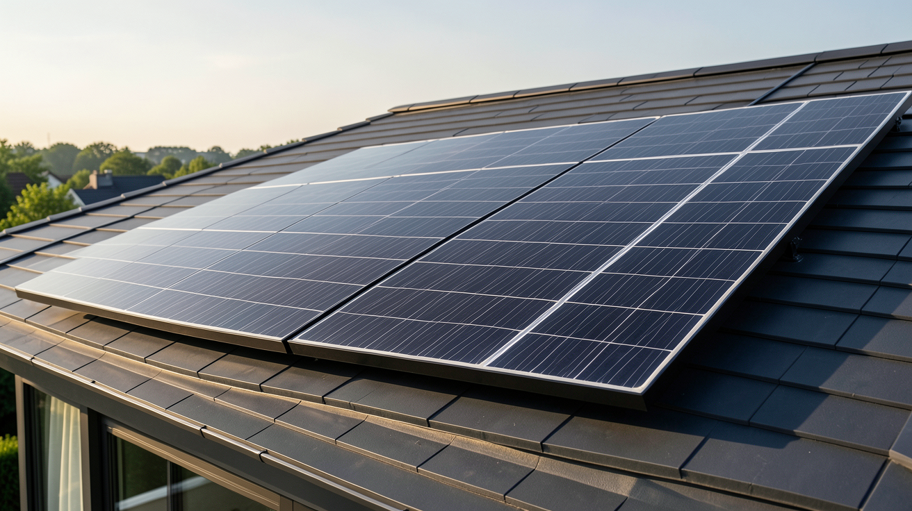 panneaux photovoltaïque monocristallin noir installé sur un toit de maison moderne