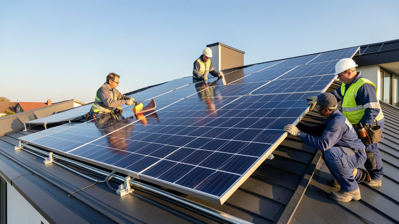 panneaux photovoltaïque monocristallin en cours d'installation sur le toit d'une maison moderne