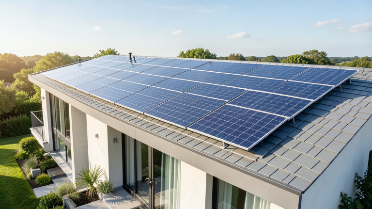 panneaux photovoltaique monocristallin installés sur le toit d'une maison moderne