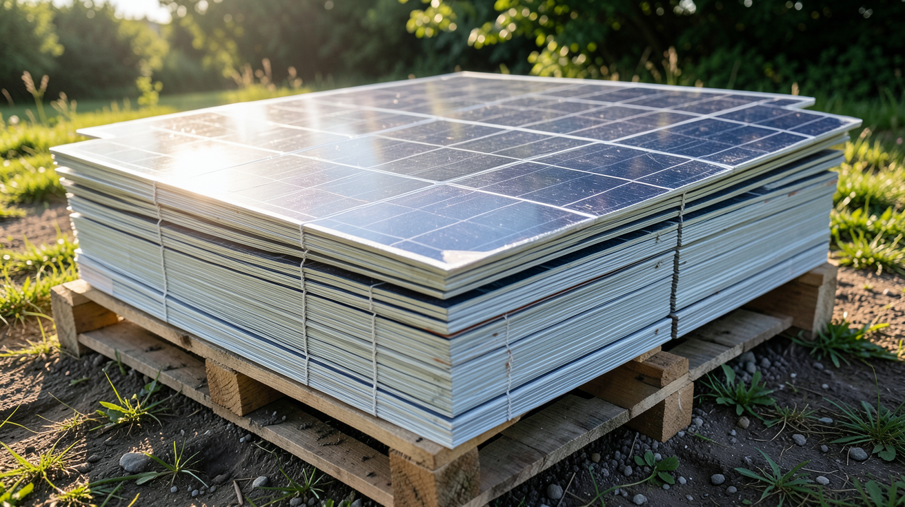 panneaux photovoltaique occasion empilés sur une palette en bois, prêts à être vendus ou achetés