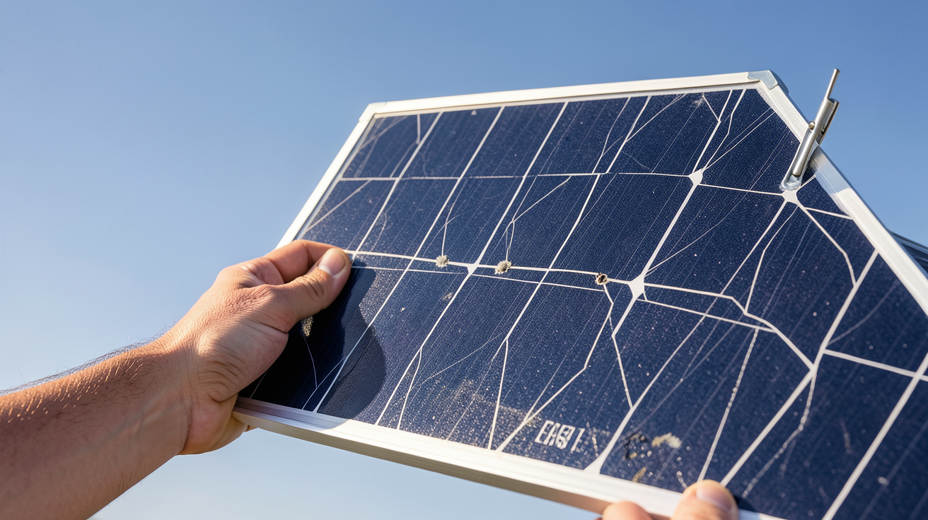 panneaux photovoltaïque d'occasion évalués par une main experte sous un ciel dégagé