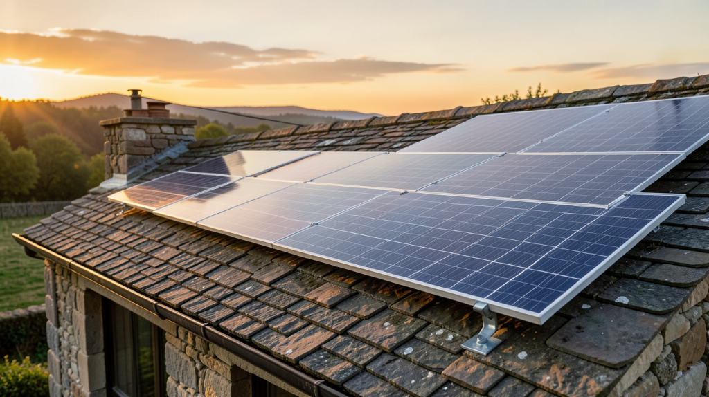 panneaux photovoltaïques d'occasion installés sur le toit d'une maison rurale en pierre