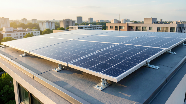 panneaux photovoltaïques ou solaires installés sur le toit d'une maison urbaine moderne