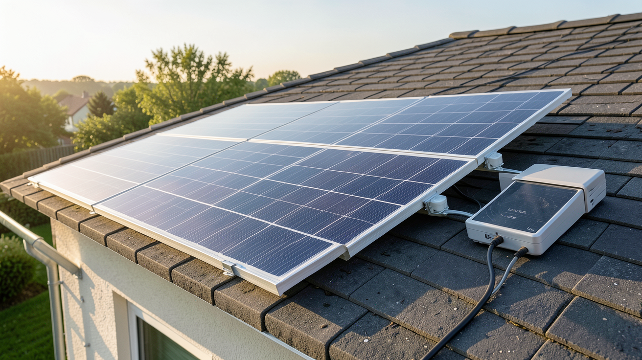 panneaux photovoltaïque plug and play installés sur le toit d'une maison avec micro-onduleur intégré