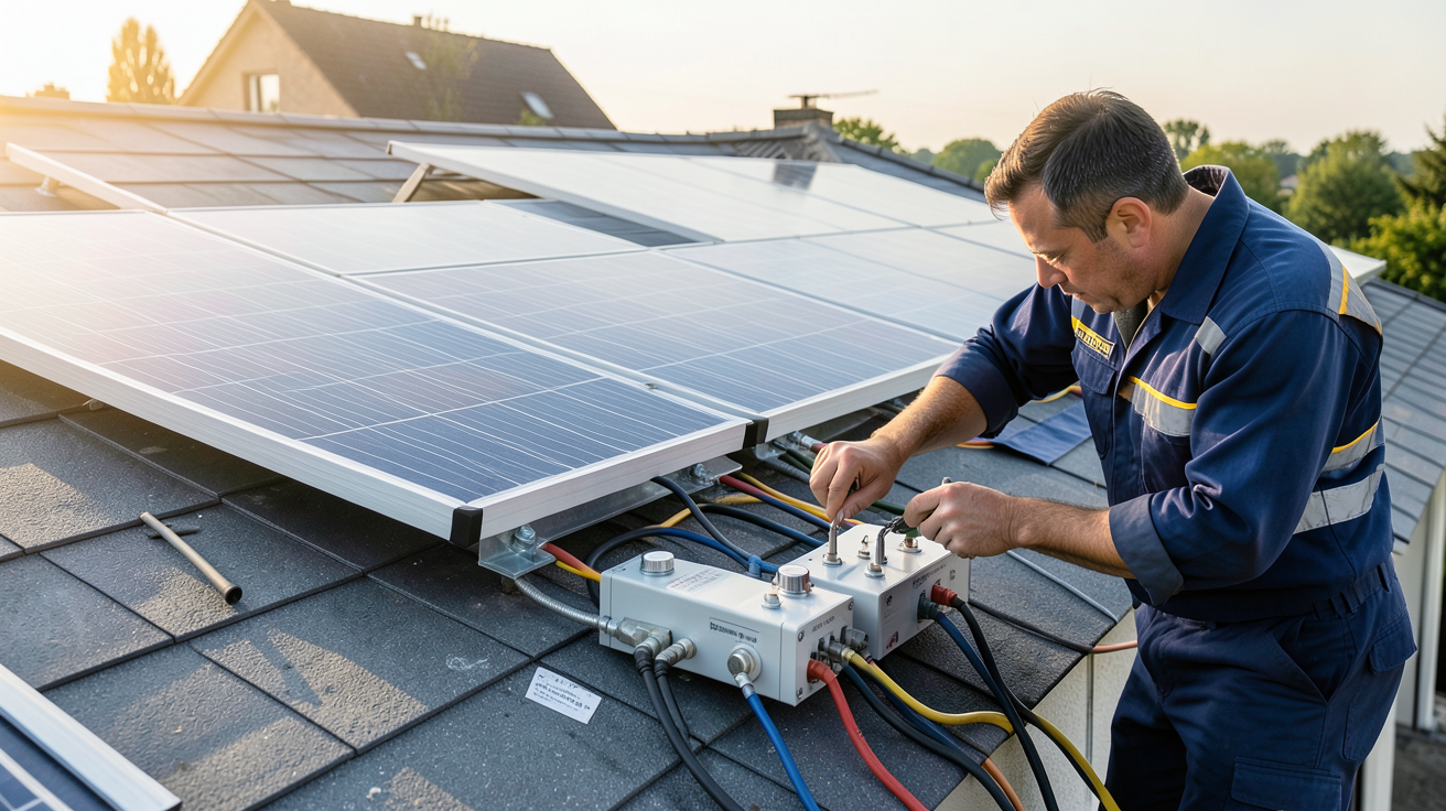 panneaux photovoltaïque plug and play installation sécurisée sur toit de maison avec technicien vérifiant les connexions électriques