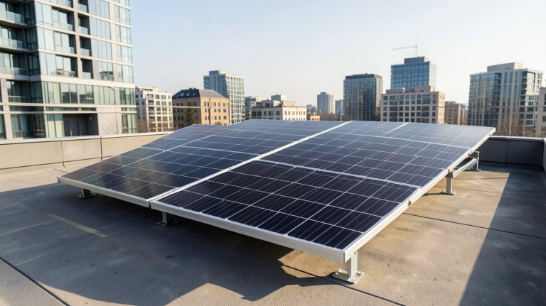 panneaux photovoltaïque plug and play installés sur une terrasse urbaine en ville