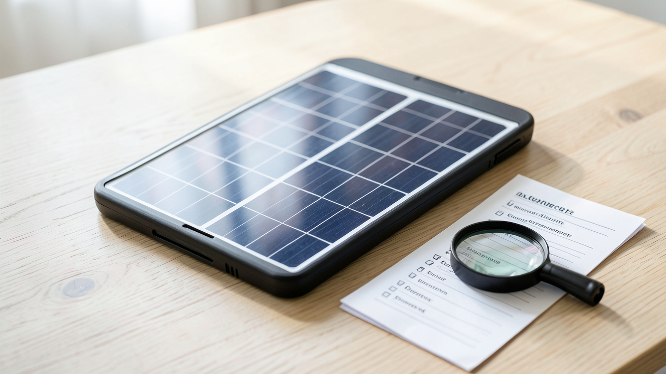 panneaux photovoltaique portable posé sur une table avec une checklist et une loupe pour guide d'achat 2025