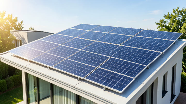 panneaux photovoltaique prix illustrés par une installation solaire propre sur un toit résidentiel