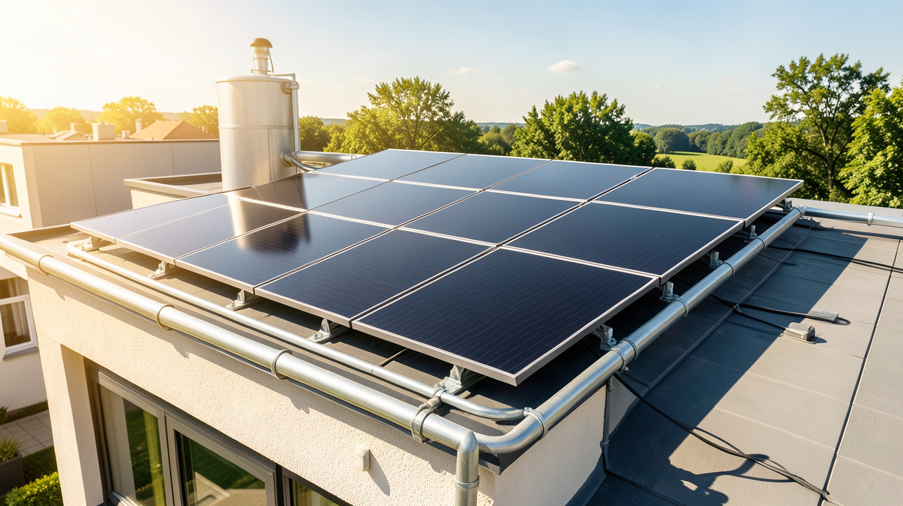 panneaux solaires thermiques installés sur le toit d'une maison moderne en été