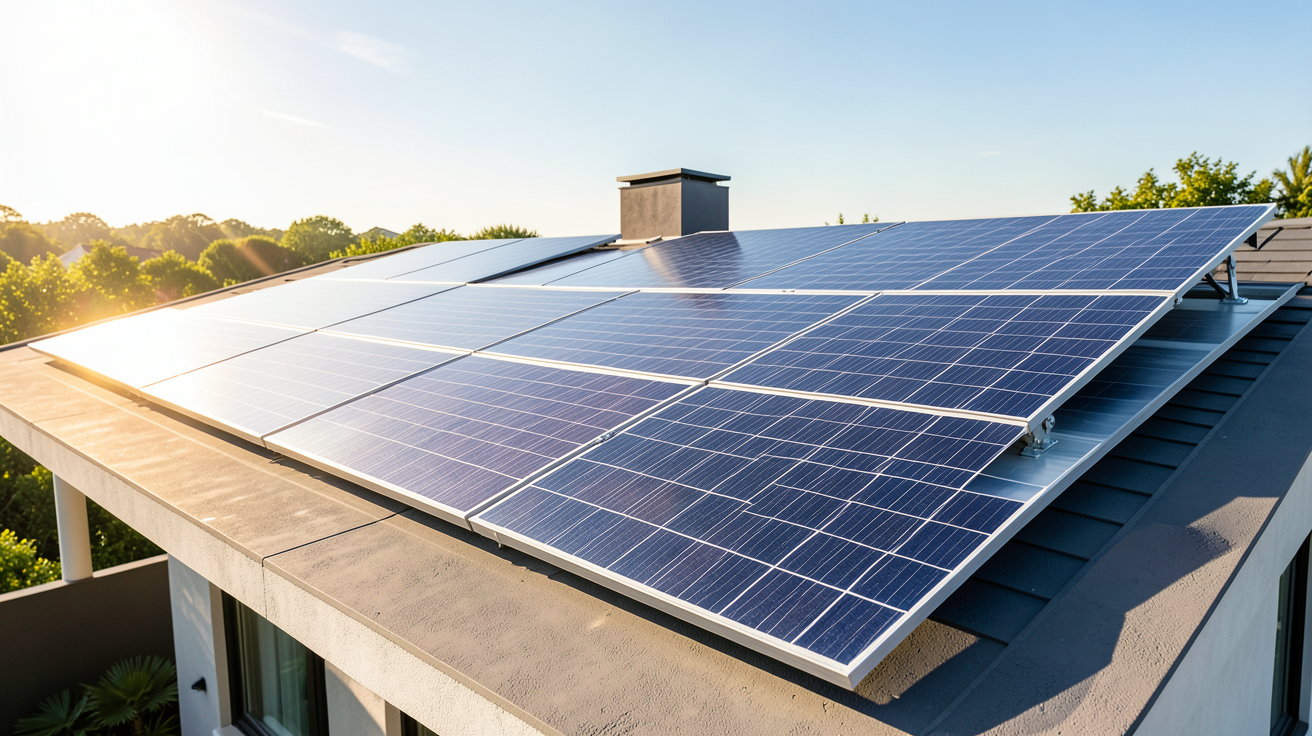 panneaux photovoltaique sunpower installés sur le toit d'une maison résidentielle moderne