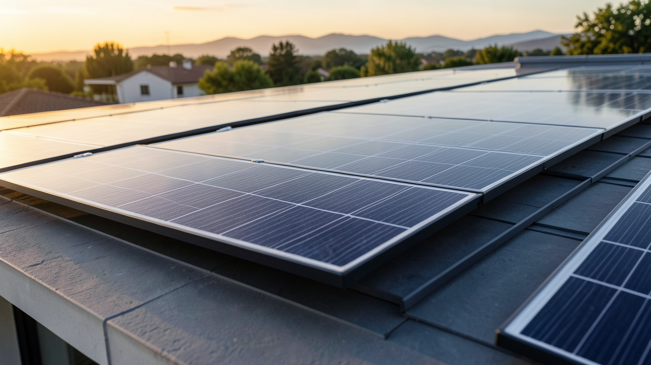 panneaux photovoltaique sunpower installés sur le toit d'une maison moderne sous un soleil éclatant
