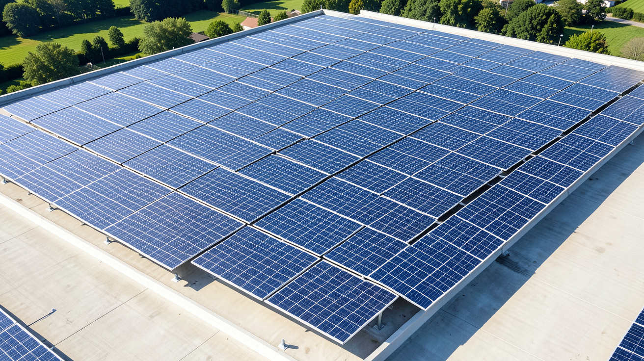 panneaux photovoltaique sur toit plat installés de manière méthodique pour maximiser la surface de captation
