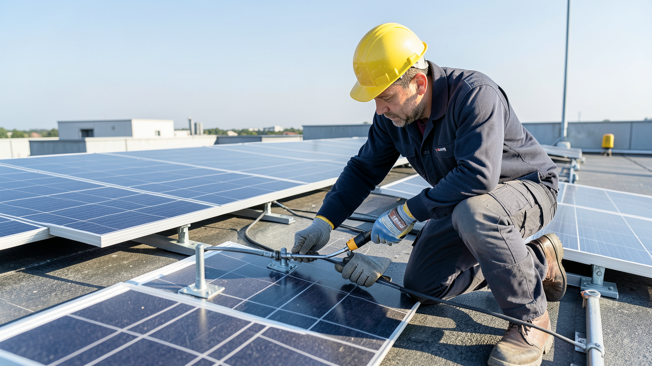 panneaux photovoltaique sur toit plat en cours d'installation par un technicien spécialisé