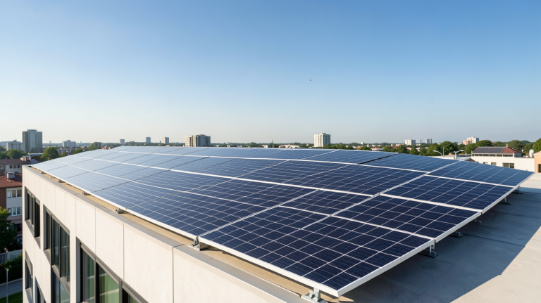 panneaux photovoltaïques sur toit plat d'une maison urbaine moderne en lumière naturelle du matin