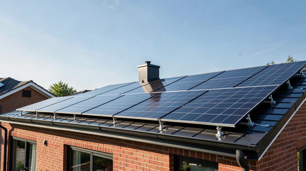 panneaux photovoltaïques noirs installés sur le toit d'une maison contemporaine en brique rouge sous un ciel dégagé