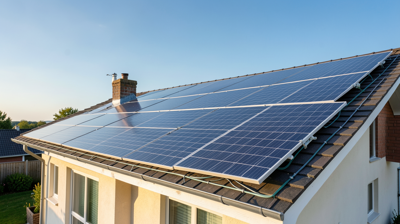 panneaux photovoltaïques installés sur le toit d'une maison individuelle transformant la lumière du soleil en électricité