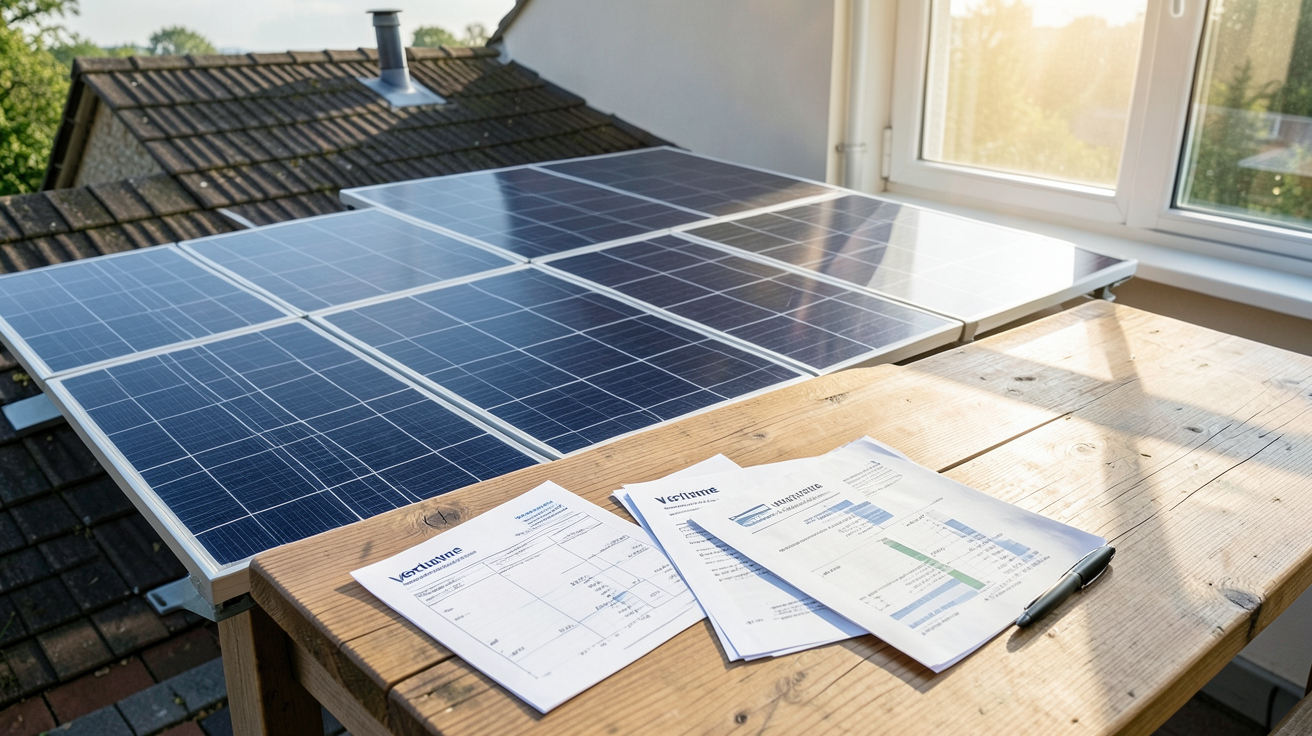 panneaux photovoltaïque Verlaine avec documents financiers et calculs de rentabilité sur une table