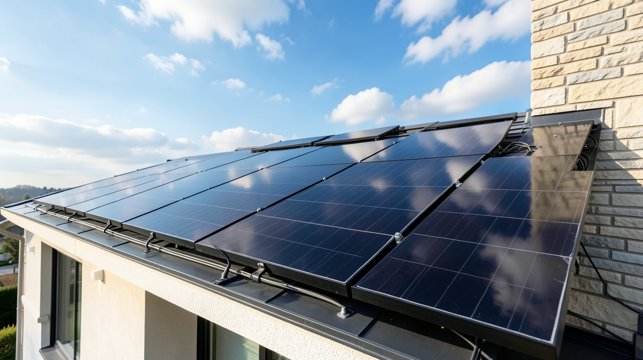 panneaux photovoltaïques installés par Verlaine sur un toit résidentiel avec ciel bleu