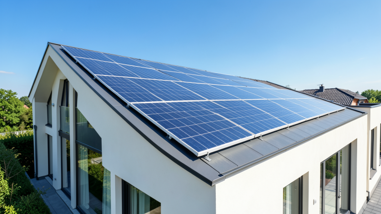 panneaux photovoltaique verlaine installés sur le toit d'une maison moderne sous un ciel dégagé