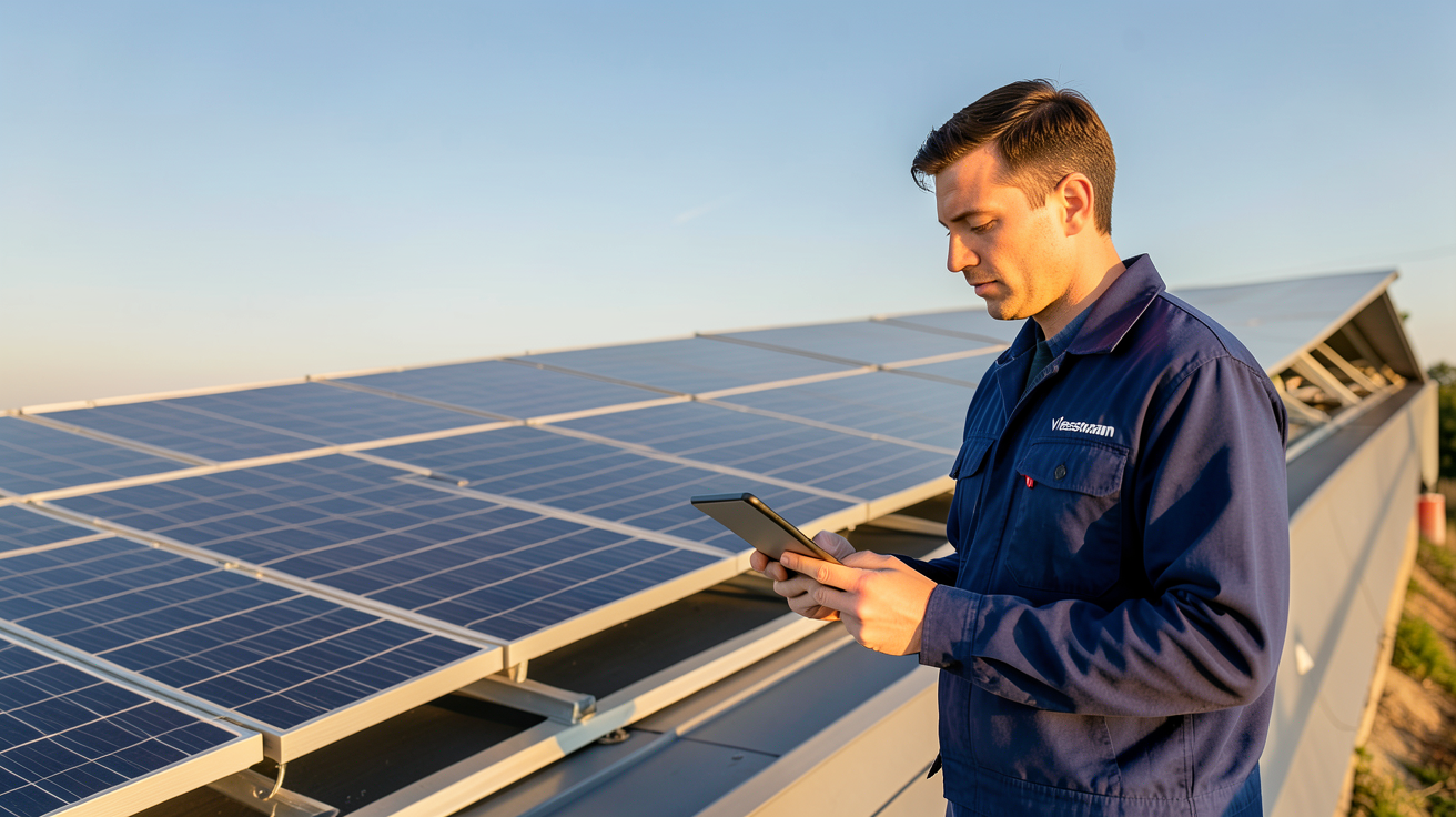 panneaux photovoltaïque Viessmann en cours de dimensionnement par un technicien utilisant une tablette