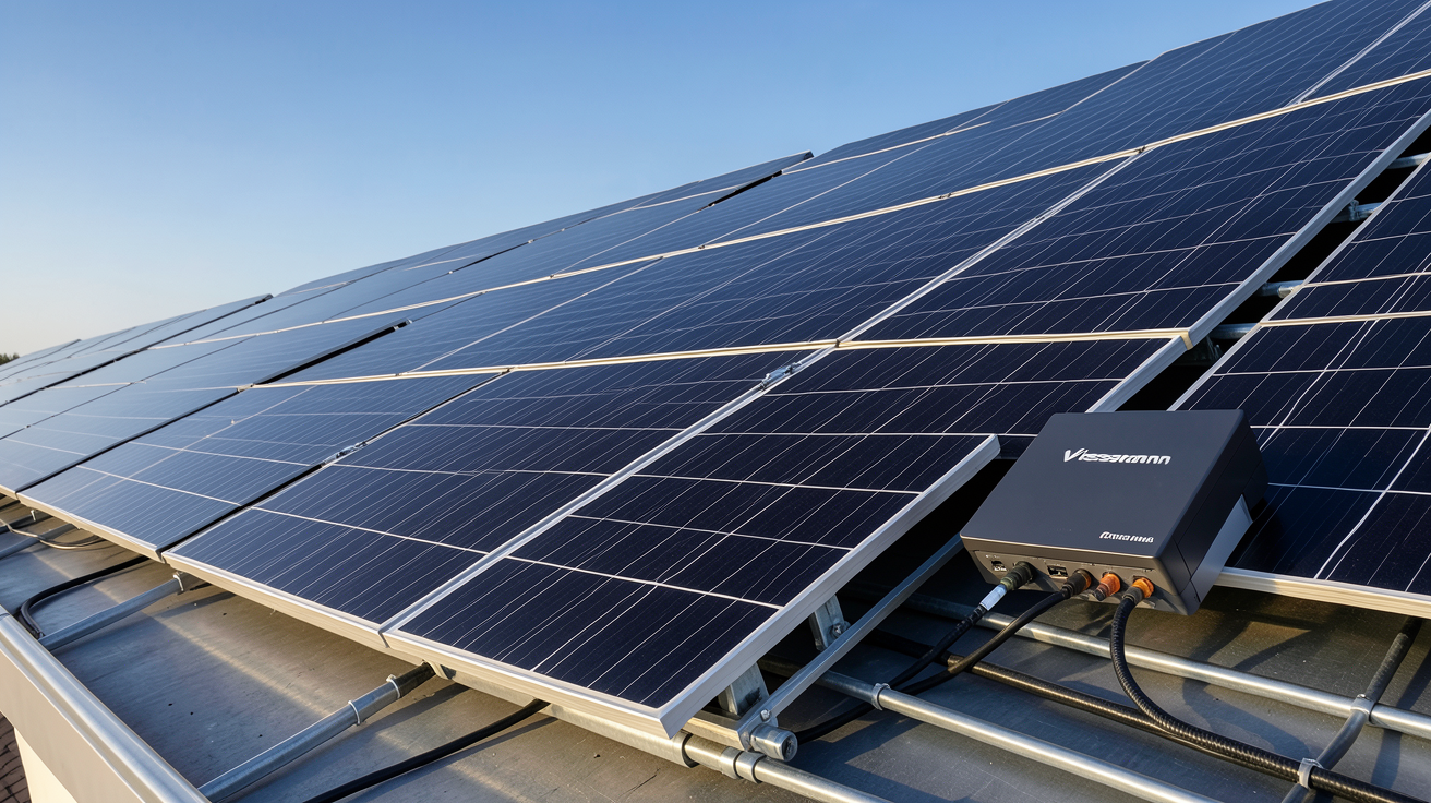 panneaux photovoltaïque Viessmann en fonctionnement sur un toit avec onduleur et câbles électriques connectés