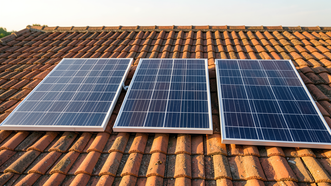 panneaux photovoltaïques présentant trois technologies différentes (monocristallin, polycristallin et couches minces) installés sur un toit