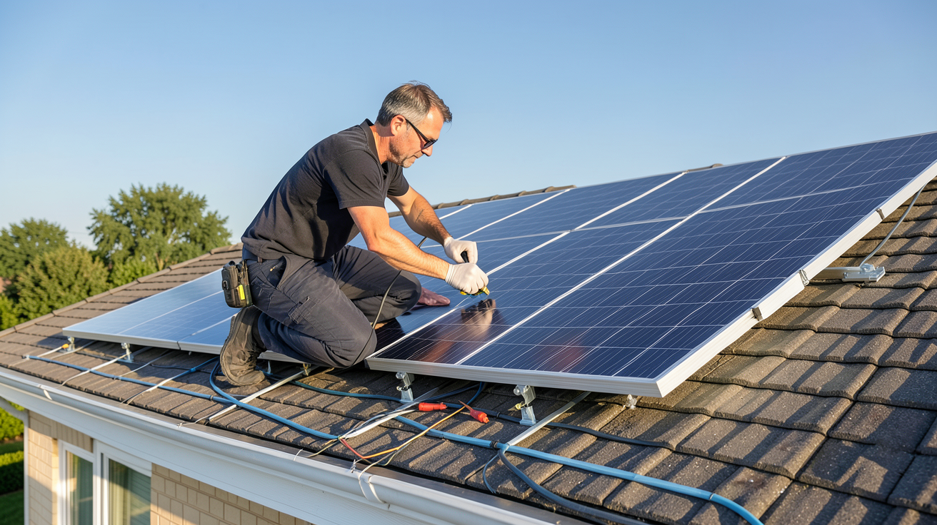 panneaux photovoltaïques 375Wc en cours de dimensionnement sur le toit d'une maison