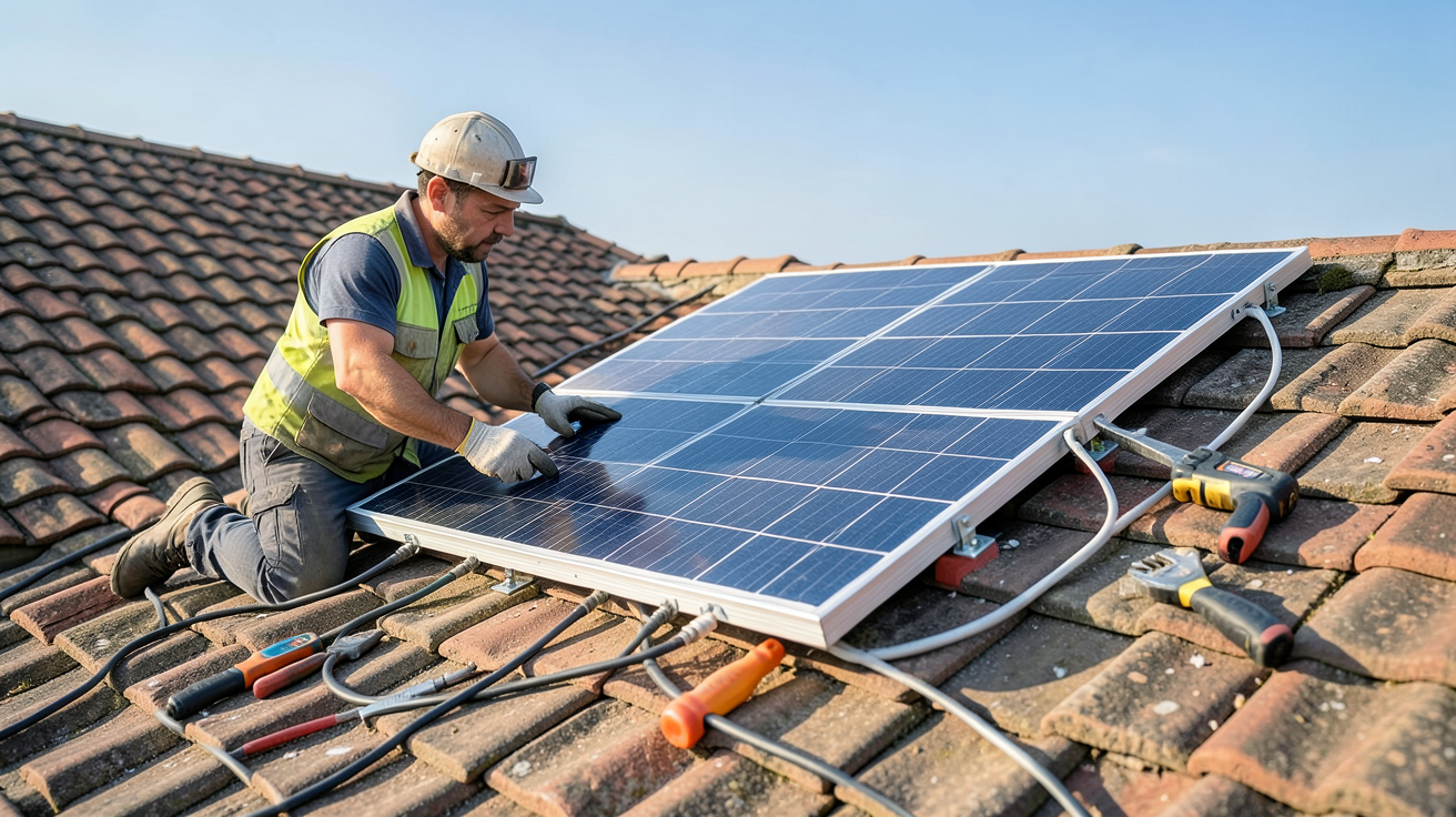 panneaux photovoltaïques 375 wc installation sur toit résidentiel par un technicien