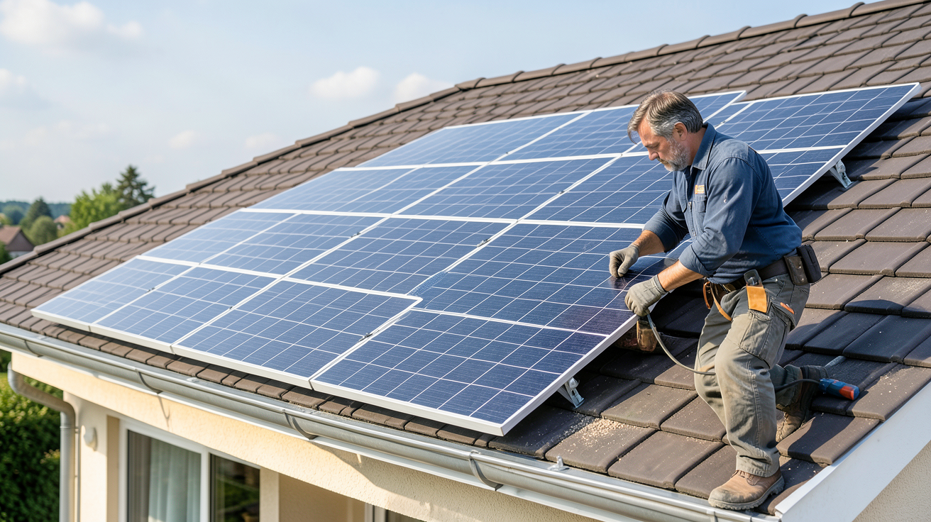 panneaux photovoltaïques 400w installés sur le toit d'une maison par un technicien