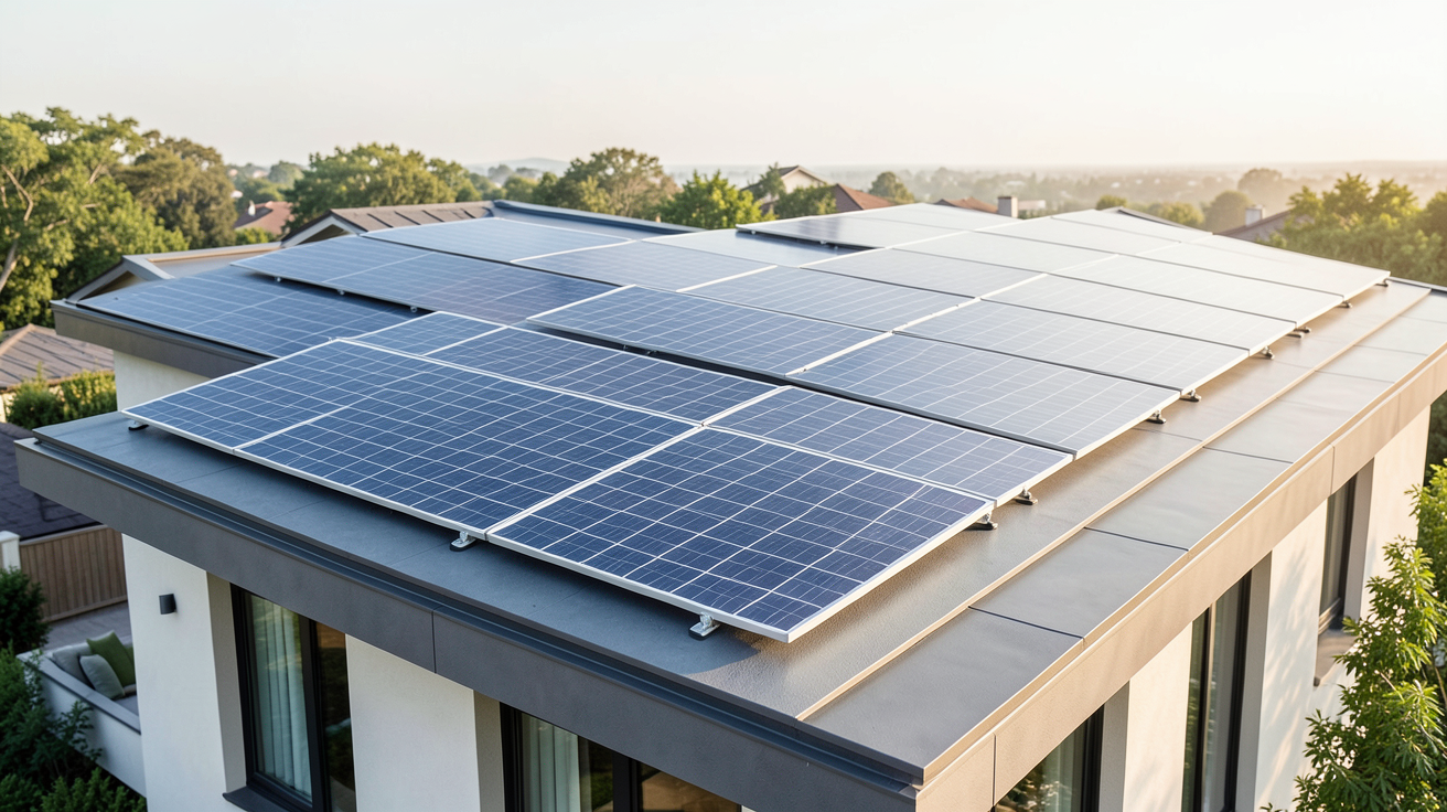 panneaux photovoltaïques 400w installés sur le toit d'une maison résidentielle sous un ciel clair