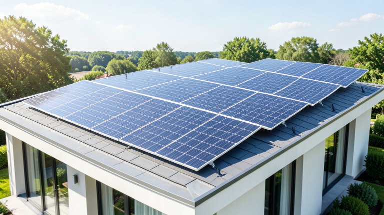 panneaux photovoltaïques 400w installés sur le toit d'une maison moderne, capturés en haute résolution avec une lumière naturelle.