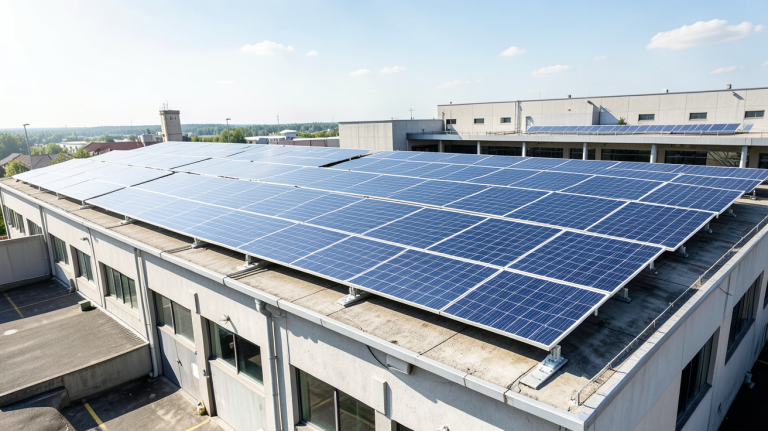 panneaux photovoltaïques 500w installés sur le toit d'un bâtiment industriel, capturés en pleine lumière naturelle
