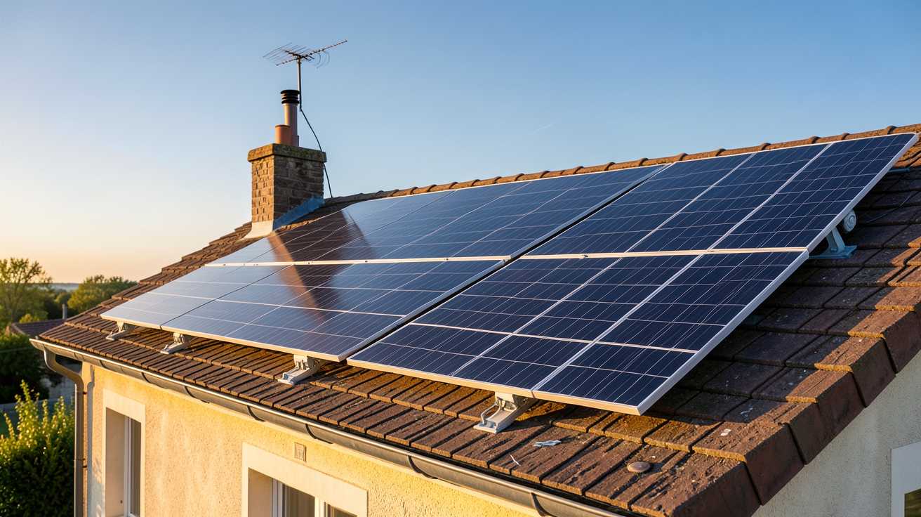 panneaux photovoltaïques 6kWc installés sur le toit d'une maison individuelle en France produisant de l'électricité
