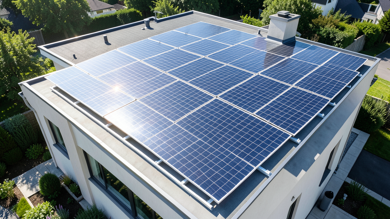 panneaux photovoltaïques allemand ou chinois installés sur le toit d'une maison contemporaine lors d'une installation réelle.