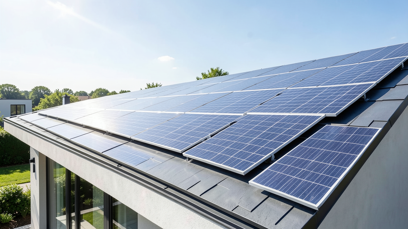panneaux photovoltaïques allemand ou chinois installés sur le toit d'une maison moderne