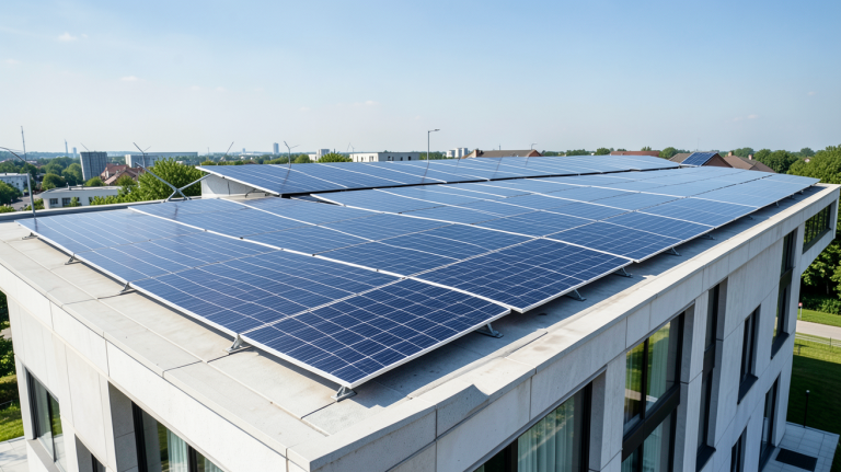 panneaux photovoltaïques allemand ou chinois installés sur le toit d'un bâtiment moderne, capturés en lumière naturelle