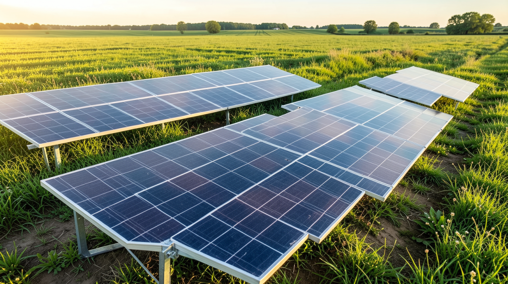 panneaux photovoltaïques au sol installés dans un champ verdoyant, montrant une rangée alignée sous le ciel bleu, optimisé SEO pour énergie solaire.