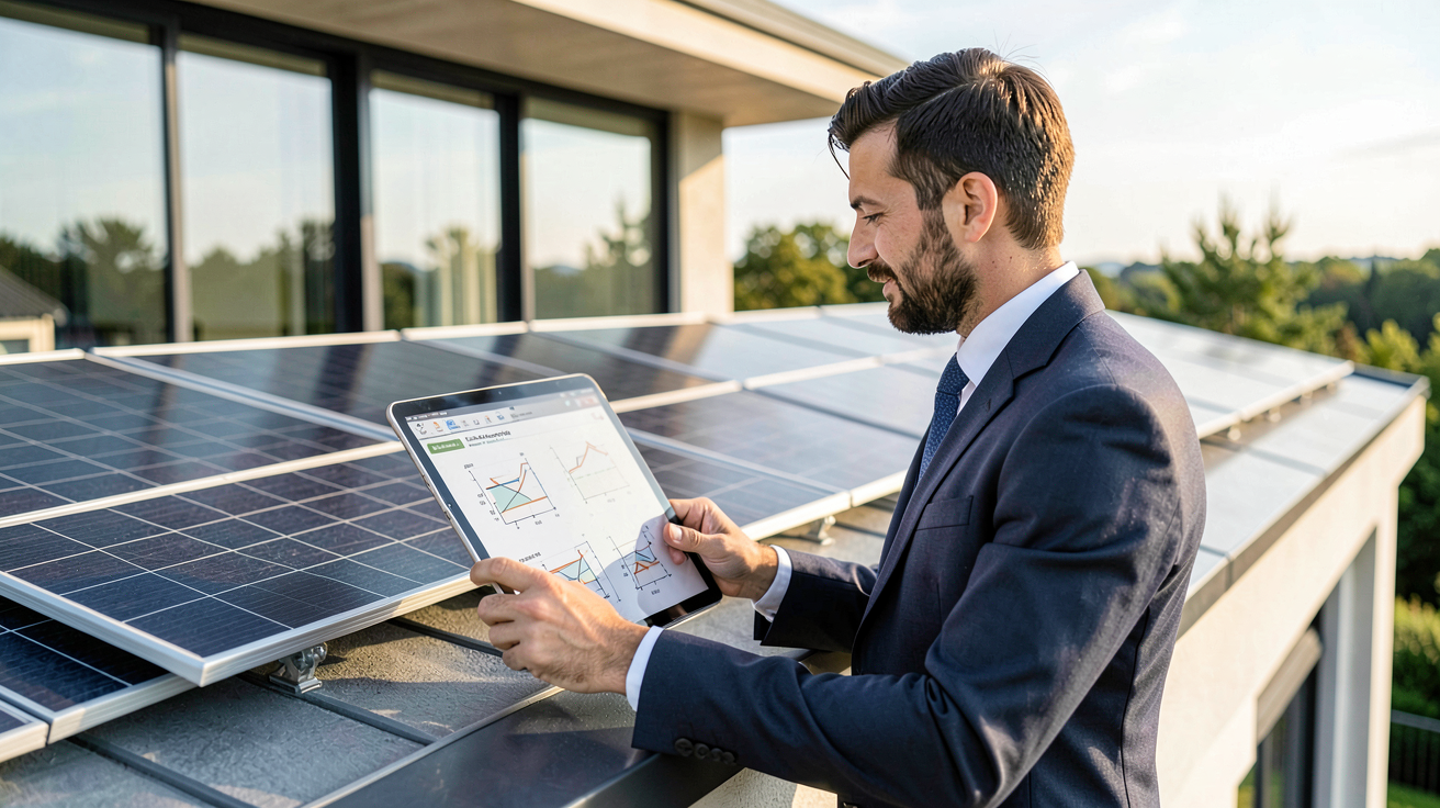 panneaux photovoltaïques autoconsommation et planification du dimensionnement de l'installation par un professionnel sur tablette