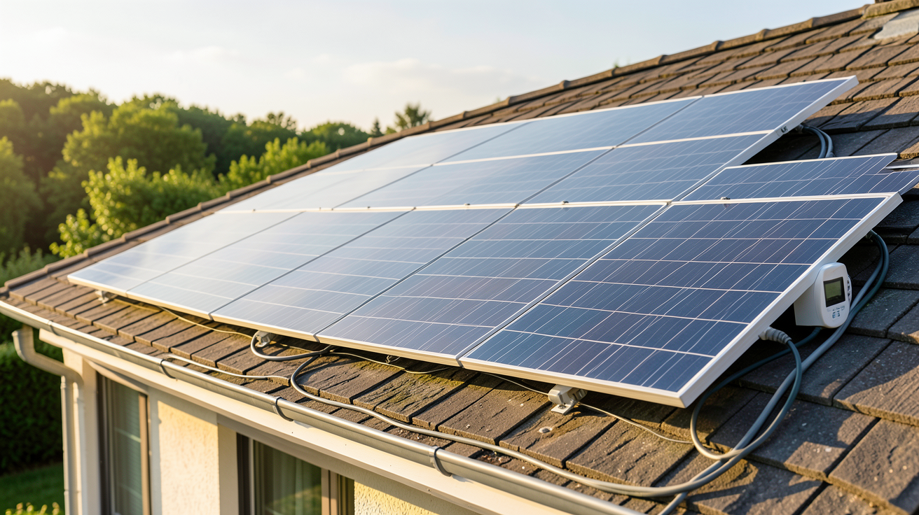 panneaux photovoltaïques pour autoconsommation installés sur le toit d'une maison avec compteur de production énergétique