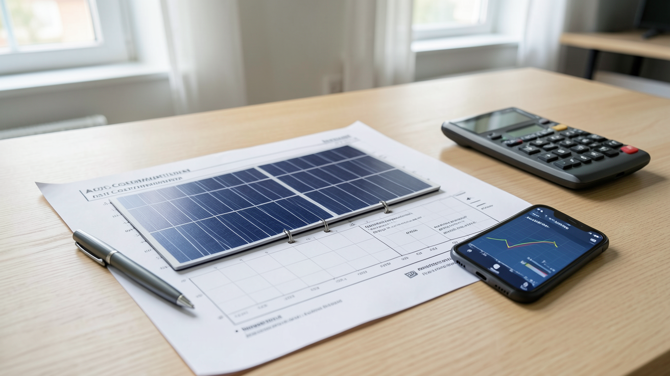 panneaux photovoltaïques autoconsommation prix 2025 : devis détaillé d'une installation solaire posé sur une table avec calculatrice et smartphone