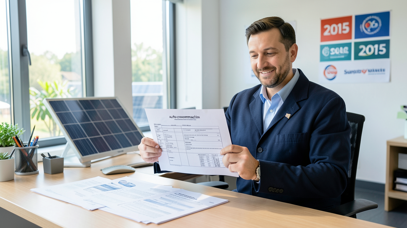 panneaux photovoltaïques autoconsommation prix aides financières 2025 : installateur présentant un devis avec documents officiels