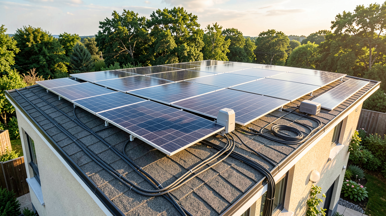 panneaux photovoltaïques sur toit de maison avec système d'autoconsommation et revente du surplus en 2026